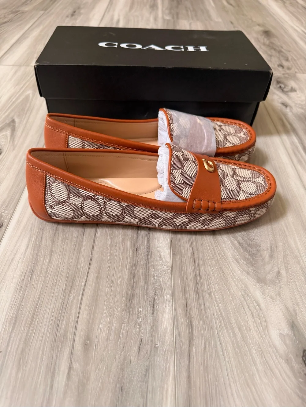 Coach Signature Jacquard Driver Loafers Cocoa Burnished Amber NWB Women’s 9.5
